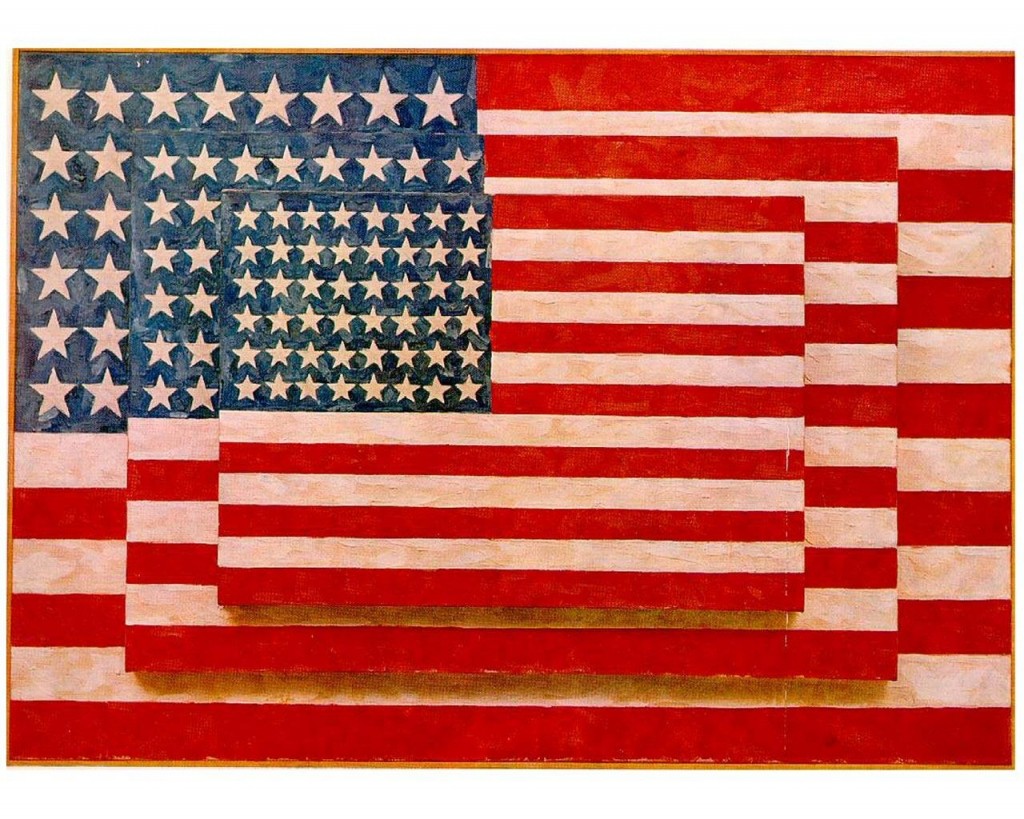 Jasper Johns, Three Flags, 1958. Encaustic on canvas, 30 7/8 × 45 1/2 × 5 in. (78.4 × 115.6 × 12.7 cm). Whitney Museum of American Art, New York; 50th Anniversary Gift of the Gilman Foundation Inc., The Lauder Foundation, A. Alfred Taubman, Laura-Lee Whittier Woods, and purchase  80.32 Art © Jasper Johns / Licensed by VAGA, New York, NY
